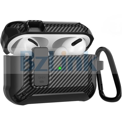 Carbon Fiber Textured Case with Keychain and Lock Clip for AirPods Pro 2019